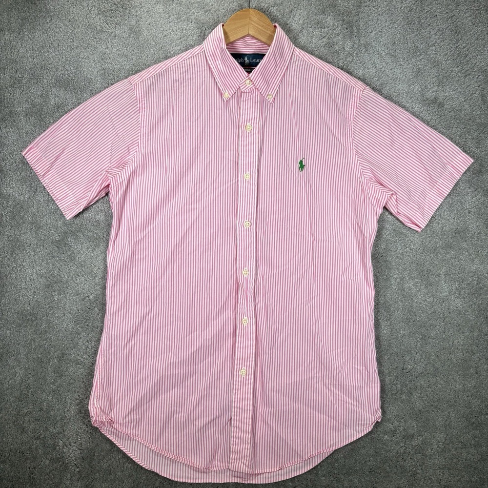 Vintage Polo Ralph Lauren Shirt Mens S Pink Striped Short Sleeve Button Down 90s